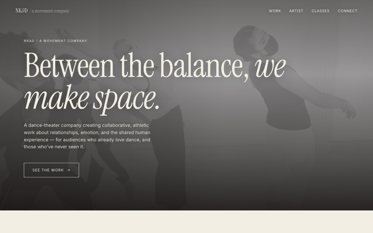 NK&D Movement Company homepage. Editorial site for a dance-theater company.